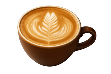 Brown ceramic cup containing latte art coffee with transparent background