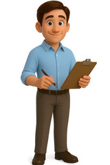 Male Professional Character &ndash; Cartoon Style 3D Illustration with Clipboard and Pen for Business, Evaluation, or Administrative Use