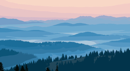 Obraz premium Serene mountain landscape at dawn with layers of mist and forest silhouettes