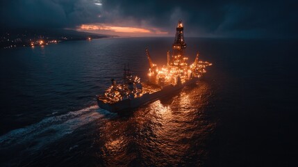 Fototapeta premium Aerial View of Illuminated Offshore Oil Rig at Dusk with Vibrant Sky and Calm Waters, Showcasing Energy Production and Maritime Industry