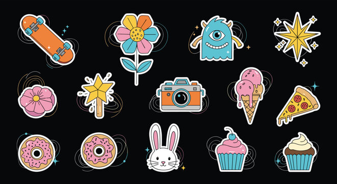 Vibrant retro sticker collection featuring fun icons like skateboards, pizza, ice cream, and cute characters