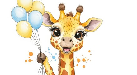 Fototapeta premium Cute Baby Giraffe Holding Colorful Balloons for Celebration