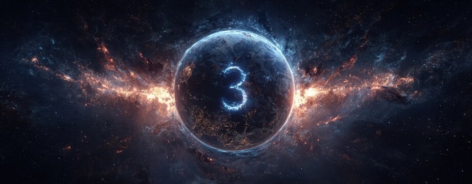 Cosmic countdown, planet enveloped in nebulae, glowing digit "3