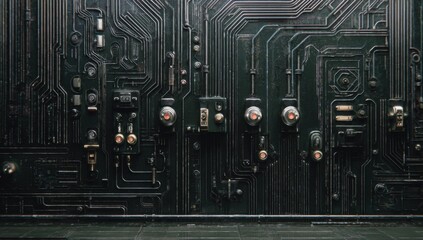 Dark, textured circuit wall with metallic panels and glowing buttons