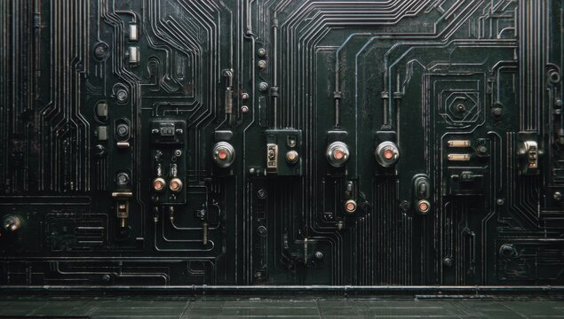 Dark, textured circuit wall with metallic panels and glowing buttons