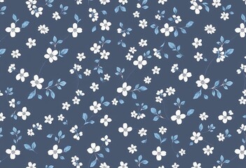 Delicate, seamless ditsy floral pattern; tiny white flowers & blue leaves, hand-drawn style, print, small leaves