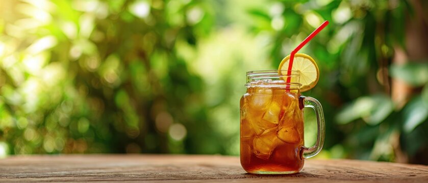 The Mason jar of iced tea with lemon slice on rustic wooden table