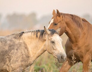 Obraz premium Two horses in a field at dawn