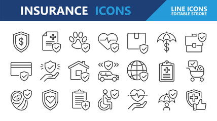Insurance icons. Insurance and Risk line icon set. Editable Stroke.