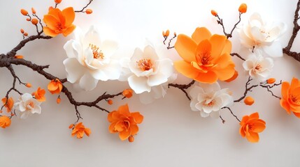 Delicate flowers in bright orange and soft white hues bloom from gnarled branches against a plain backdrop, creating a calming and inviting scene