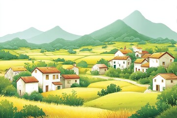 Rustic Village Nestled in Rolling Hills with Distant Mountains