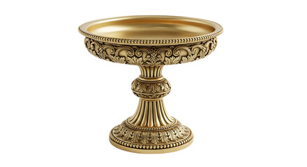 Elegant Gold Pedestal Bowl with Intricate Floral Design Isolated on Black Background