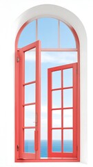 Open red window overlooking a serene ocean view