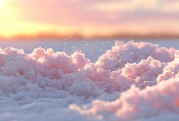 Snowy expanse. Soft, pinkish light caresses fluffy snow in the foreground, blurring into a warm, hazy sunset on the horizon, evoking serenity and tranquility