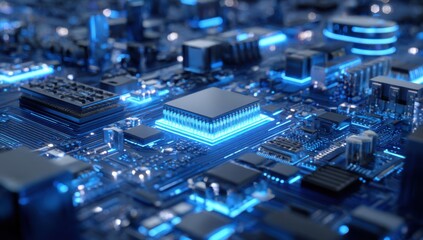 Detailed close-up of a circuit board with glowing components. Complex, intricate network of chips and conductive pathways. Blue neon highlights emphasize the technology