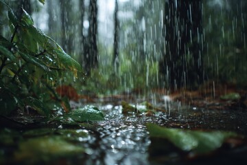 Fototapeta premium Lush forest floor drenched in rain. Dark trees, vibrant foliage, and water cascading down