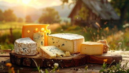 Assorted cheeses displayed on a rustic wooden platter, bathed in warm sunlight, creating a picturesque, appetizing, and inviting food still life image.