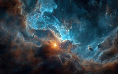 Fototapeta premium Cosmic nebula, vibrant hues of blue and orange, swirling clouds of gas and dust, scattered stars