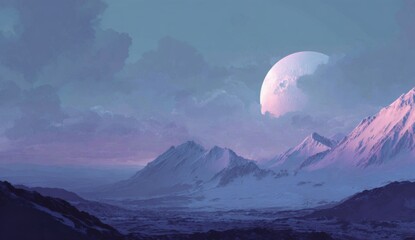 Vast, snow-capped mountain range under a large pale moon