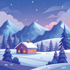 Cozy cabin nestled among snow covered mountains under starry sky winter trees