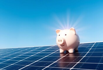 Piggy bank atop solar panel, sun shining, saving money concept, electricity, sun rays