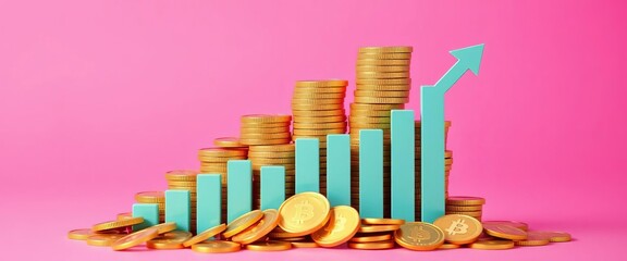 Pile of gold coins, upward trending bar graph on pink background,  design, business