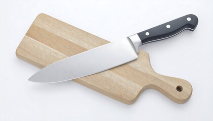Chef knife and wooden cutting board on white background.