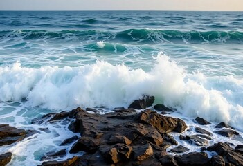 Obraz premium Powerful Atlantic waves crashing on a rocky shore, power, wildlife habitat