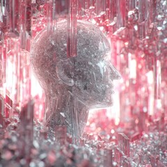 A translucent, crystal head stands amidst a shimmering landscape of crystal shards and stalactite-like formations, bathed in a soft, rosy light