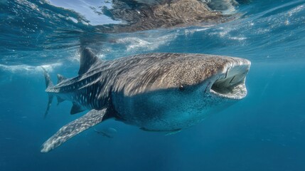 A large whale shark swims peacefully in crystal clear waters, showcasing its unique pattern. Sunlight filters through the surface, illuminating this gentle giant's movements.