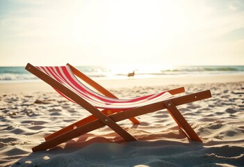 Relaxing striped beach chair angled on sandy beach, sunlit, sea, sand