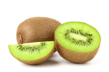 Halves and slices of kiwis leaning against a whole kiwi. isolated on white background.