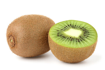 Kiwi halved fruit placed next to a whole kiwi. isolated on white background.