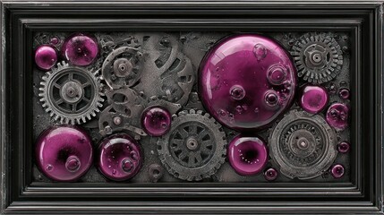 A framed, steampunk-style assemblage art piece, featuring interlocking metal gears and pink glass orbs, creating a complex and intriguing mechanical aesthetic