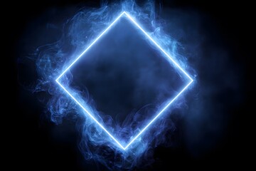 Abstract illuminated neon blue square frame with a glow on a dark background, a cloud in the shape of a rhombus frame, empty space for text, and a smoke effect.