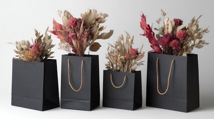 Four black gift bags of varying sizes, filled with dried flowers in reds, tans, and creams, sit against a plain white backdrop, casting subtle shadows