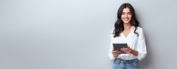 The Woman with Tablet Smiling Confidently Against Minimal Gray Background for Business Use