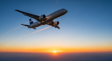 Vibrant Modern Airplane Soaring Through Clear Blue Sky at Sunrise