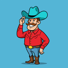 Smiling cartoon cowboy tipping his turquoise hat, dressed in red shirt, blue jeans, and gold-buckled boots.
