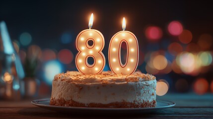 Birthday cake with shining number 80 candles, festive milestone celebration