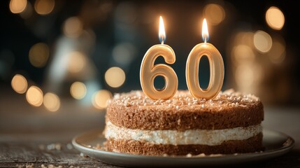 Birthday cake with burning number 60 candles, festive milestone celebration