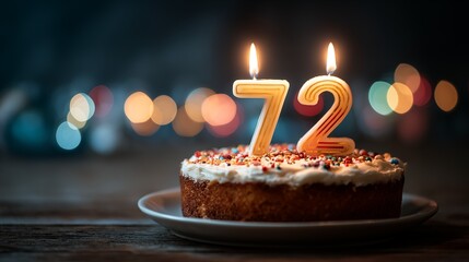 Birthday cake with lit number 72 candles, festive party atmosphere