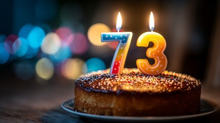 Birthday cake with colorful number 73 candles, festive celebration night