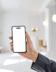 Person holding a smartphone in a bright interior