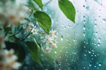 Delicate white flowers and green leaves seen through a rain-streaked window
