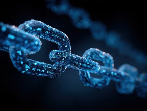 Digital chain links, glowing blue, filled with streams of binary code, against a dark background
