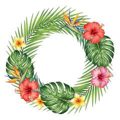 Fototapeta premium Tropical Palm Wreath Watercolor Art, Isolated on White for Summer Decor and Invitation Design