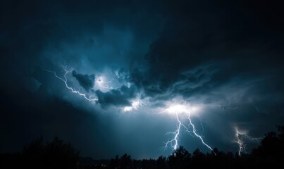 Dramatic lightning storm at night.  Dark clouds with intense flashes of lightning illuminating the sky.  Silhouette of trees below