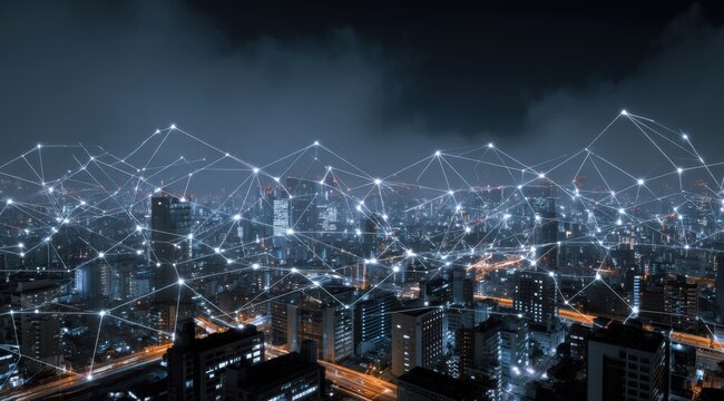 City at night, network of light. Digital connections overlay a cityscape