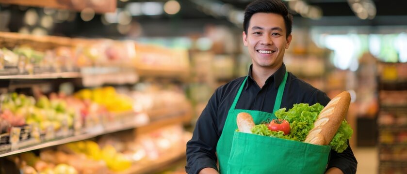 The Grocery Clerk Holding a Bag of Fresh Produce in a Bright Supermarket Aisle